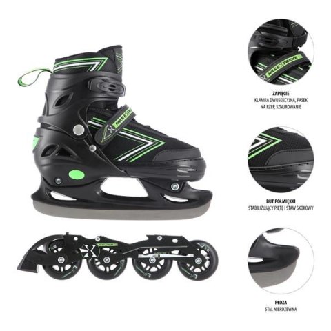 NH11912 A 2w1 CZARNO-ZIELONE ROZM. M(35-38) ŁYŻWOROLKI Z WYM. PŁ. HOKEJOWĄ NILS EXTREME