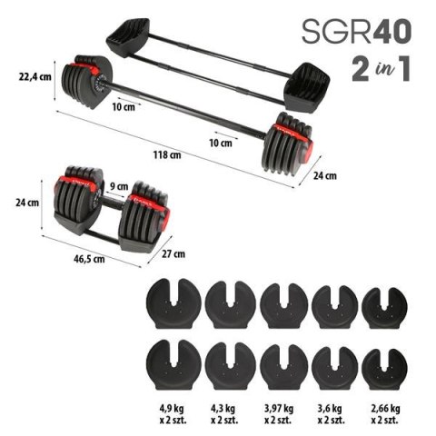 SGR40 PRO SET 2W1 ZESTAW REGULOWANYCH SZTANGIELEK 43,5 KG HMS SGR40 PRO SET 2W1 ZESTAW REGULOWANYCH SZTANGIELEK 43,5 KG HMS